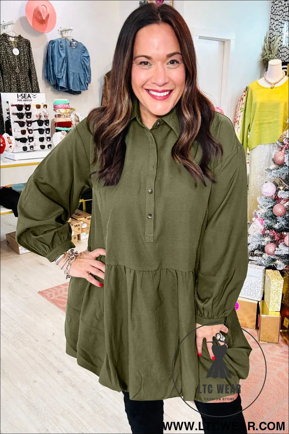 Green plus size long sleeve ruffle hem mini shirt dress - plus size dresses