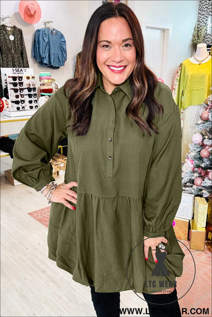 Green plus size long sleeve ruffle hem mini shirt dress - plus size dresses