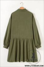 Green plus size long sleeve ruffle hem mini shirt dress - plus size dresses