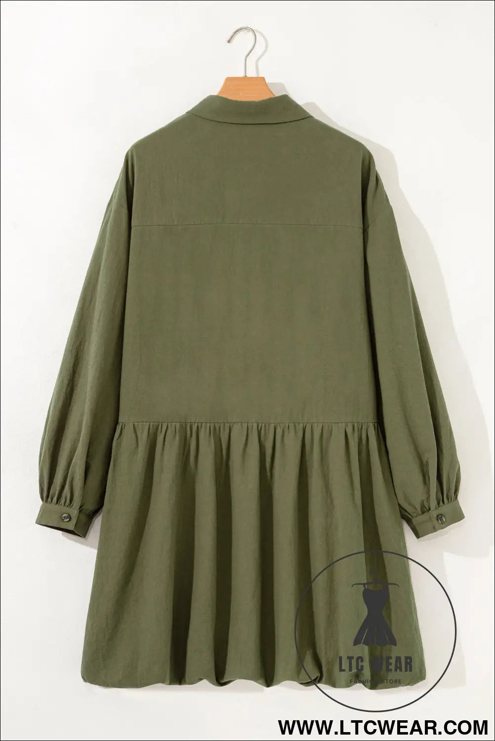 Green plus size long sleeve ruffle hem mini shirt dress - plus size dresses