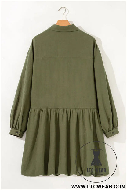 Green plus size long sleeve ruffle hem mini shirt dress - plus size dresses