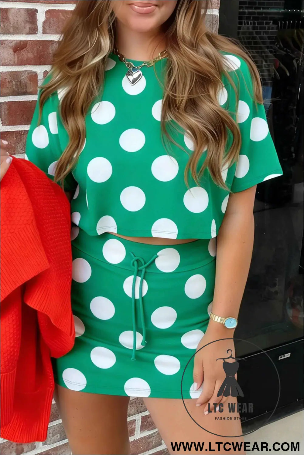 Green Polka Dot Print Cropped Tee Bodycon Skort 2pcs Set