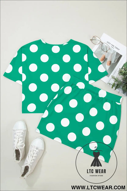 Green Polka Dot Print Cropped Tee Bodycon Skort 2pcs Set - L.T.C Wear Online Fashion Store