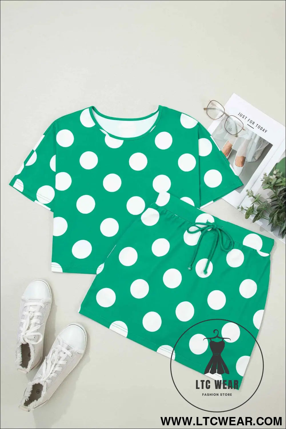 Green Polka Dot Print Cropped Tee Bodycon Skort 2pcs Set