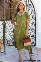 Green Polka Dot Print Lacy Neckline Smocked High Waist Maxi Dress