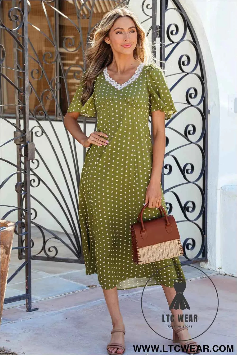 Green Polka Dot Print Lacy Neckline Smocked High Waist Maxi Dress