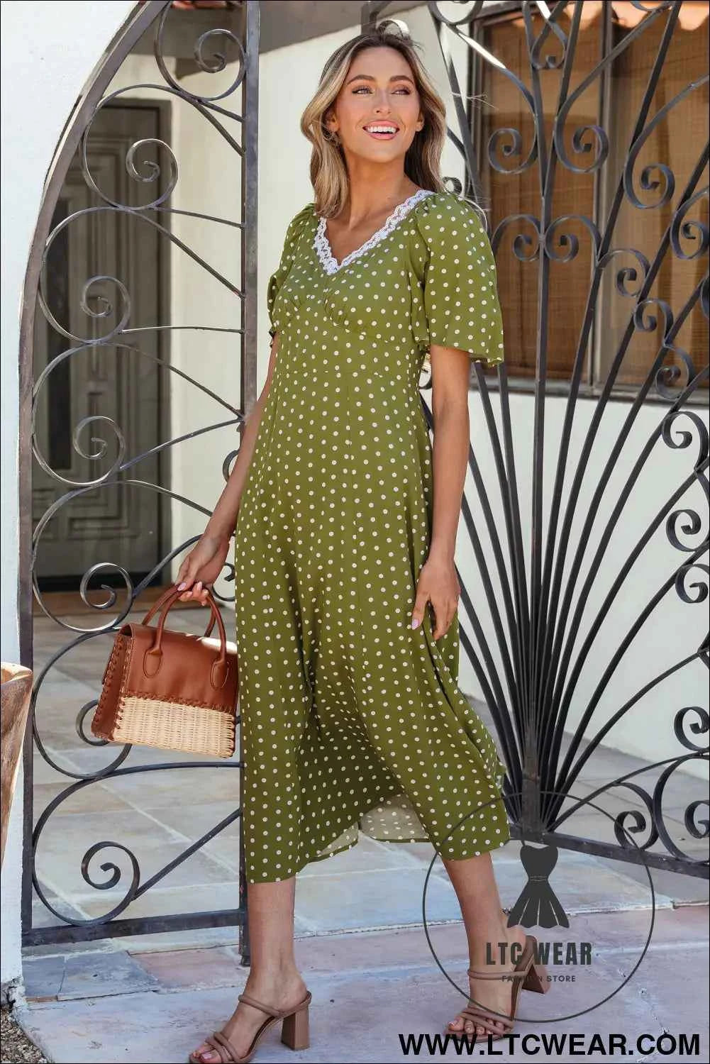 Green Polka Dot Print Lacy Neckline Smocked High Waist Maxi Dress