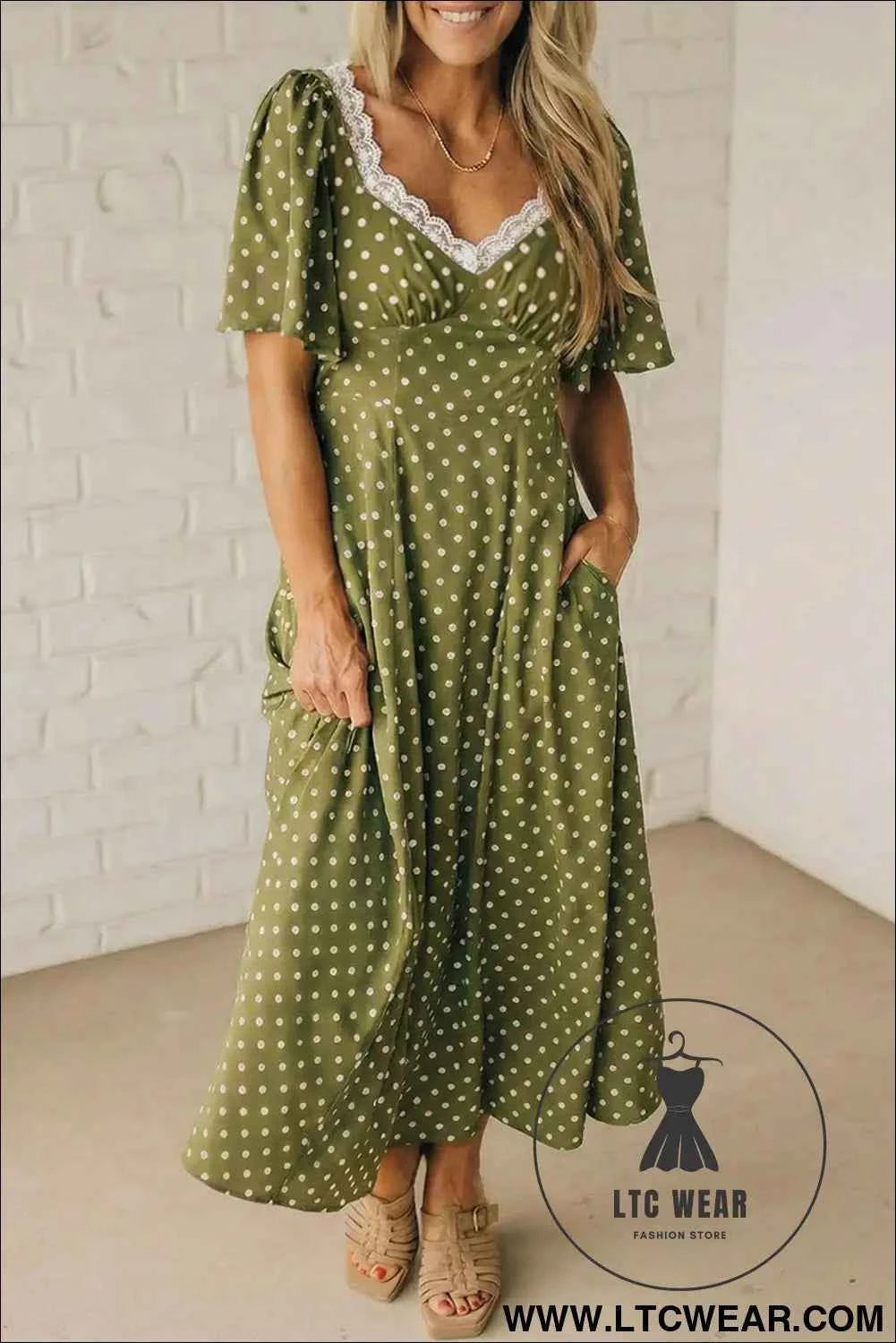 Green Polka Dot Print Lacy Neckline Smocked High Waist Maxi Dress