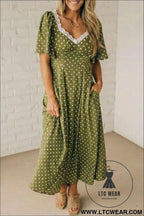 Green Polka Dot Print Lacy Neckline Smocked High Waist Maxi Dress