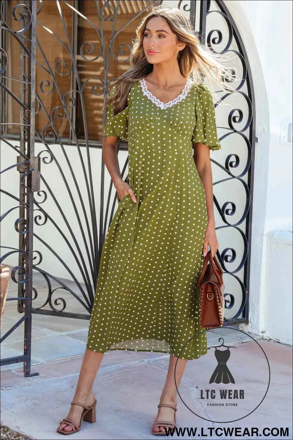 Green Polka Dot Print Lacy Neckline Smocked High Waist Maxi Dress