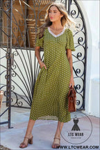 Green Polka Dot Print Lacy Neckline Smocked High Waist Maxi Dress