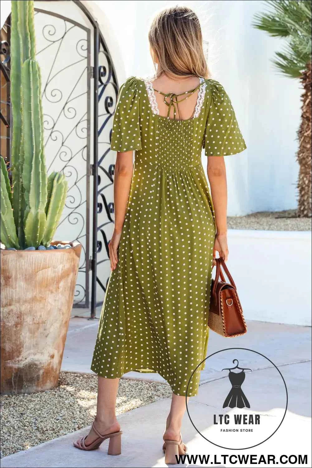 Green Polka Dot Print Lacy Neckline Smocked High Waist Maxi Dress