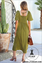Green Polka Dot Print Lacy Neckline Smocked High Waist Maxi Dress