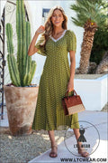 Green Polka Dot Print Lacy Neckline Smocked High Waist Maxi Dress