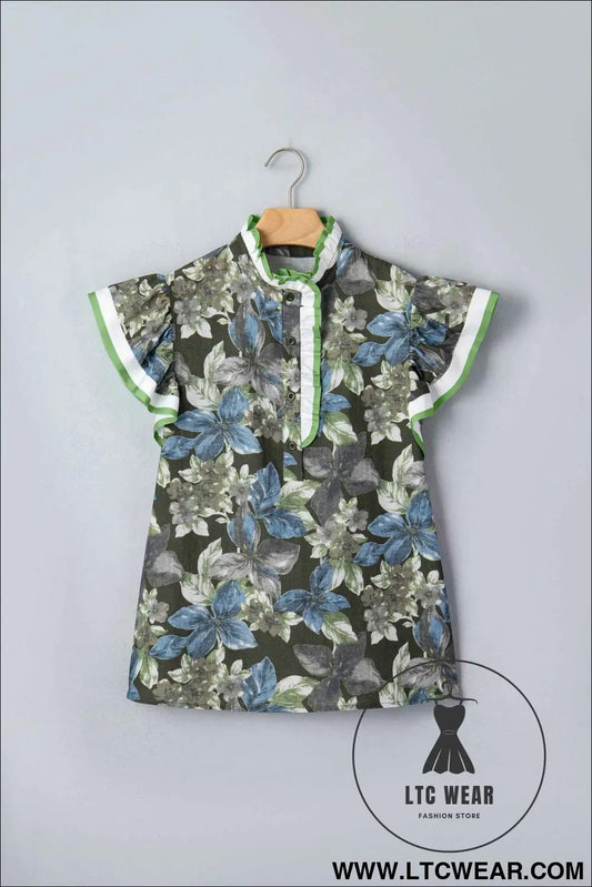 Green Ruffled Short Sleeve Floral Summer Blouse