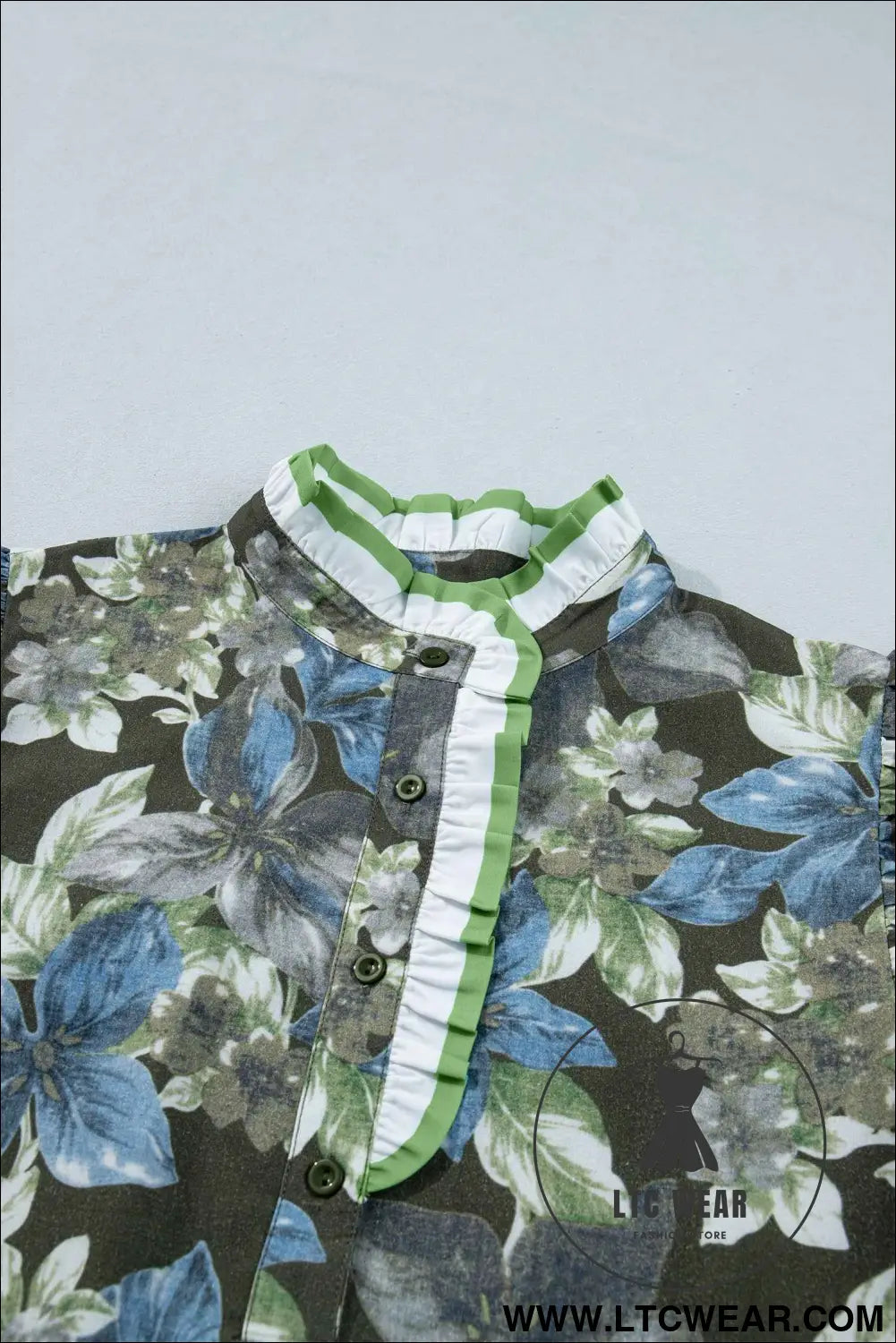 Green Ruffled Short Sleeve Floral Summer Blouse