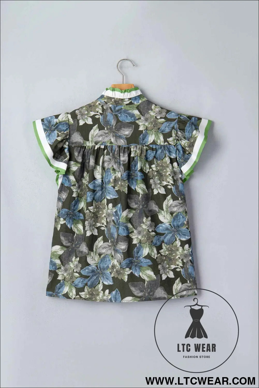 Green Ruffled Short Sleeve Floral Summer Blouse