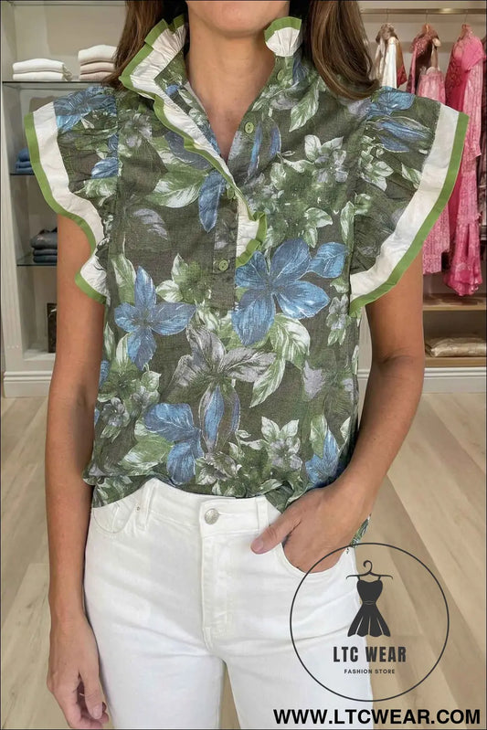Green Ruffled Short Sleeve Floral Summer Blouse