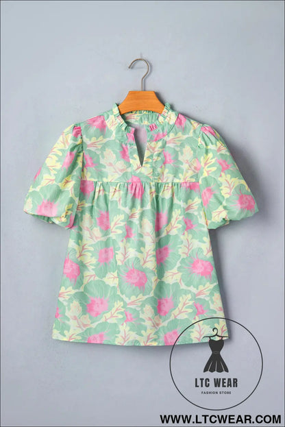 Green Short Bubble Sleeve Summer Floral Blouse - L.T.C Wear Online Fashion Store