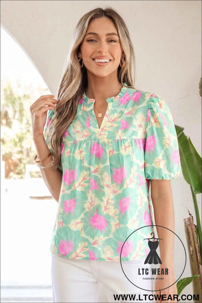 Green Short Bubble Sleeve Summer Floral Blouse