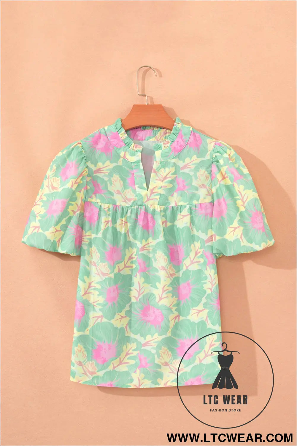 Green Short Bubble Sleeve Summer Floral Blouse - L.T.C Wear Online Fashion Store
