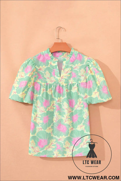 Green Short Bubble Sleeve Summer Floral Blouse - L.T.C Wear Online Fashion Store