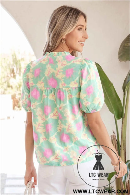 Green Short Bubble Sleeve Summer Floral Blouse