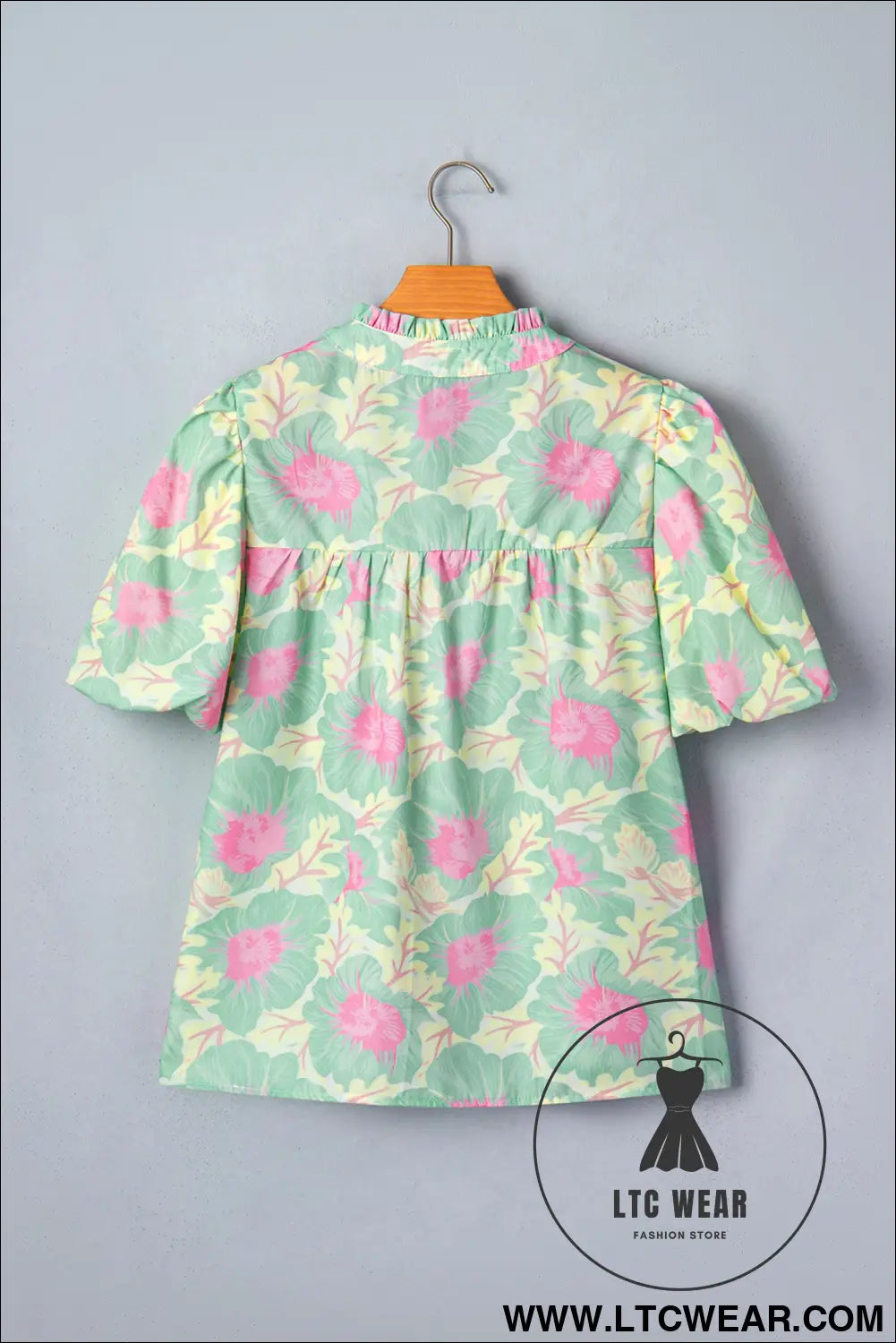 Green Short Bubble Sleeve Summer Floral Blouse - L.T.C Wear Online Fashion Store