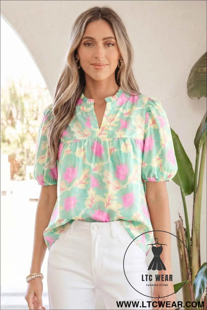 Green Short Bubble Sleeve Summer Floral Blouse