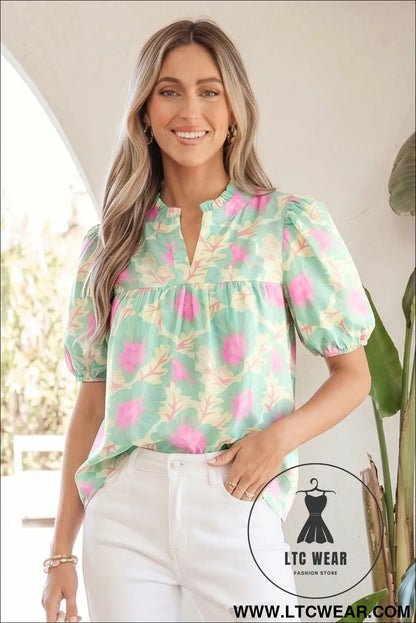 Green Short Bubble Sleeve Summer Floral Blouse - L.T.C Wear Online Fashion Store
