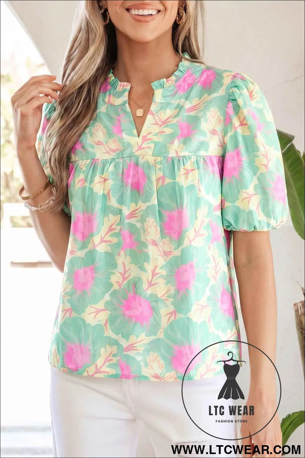 Green Short Bubble Sleeve Summer Floral Blouse