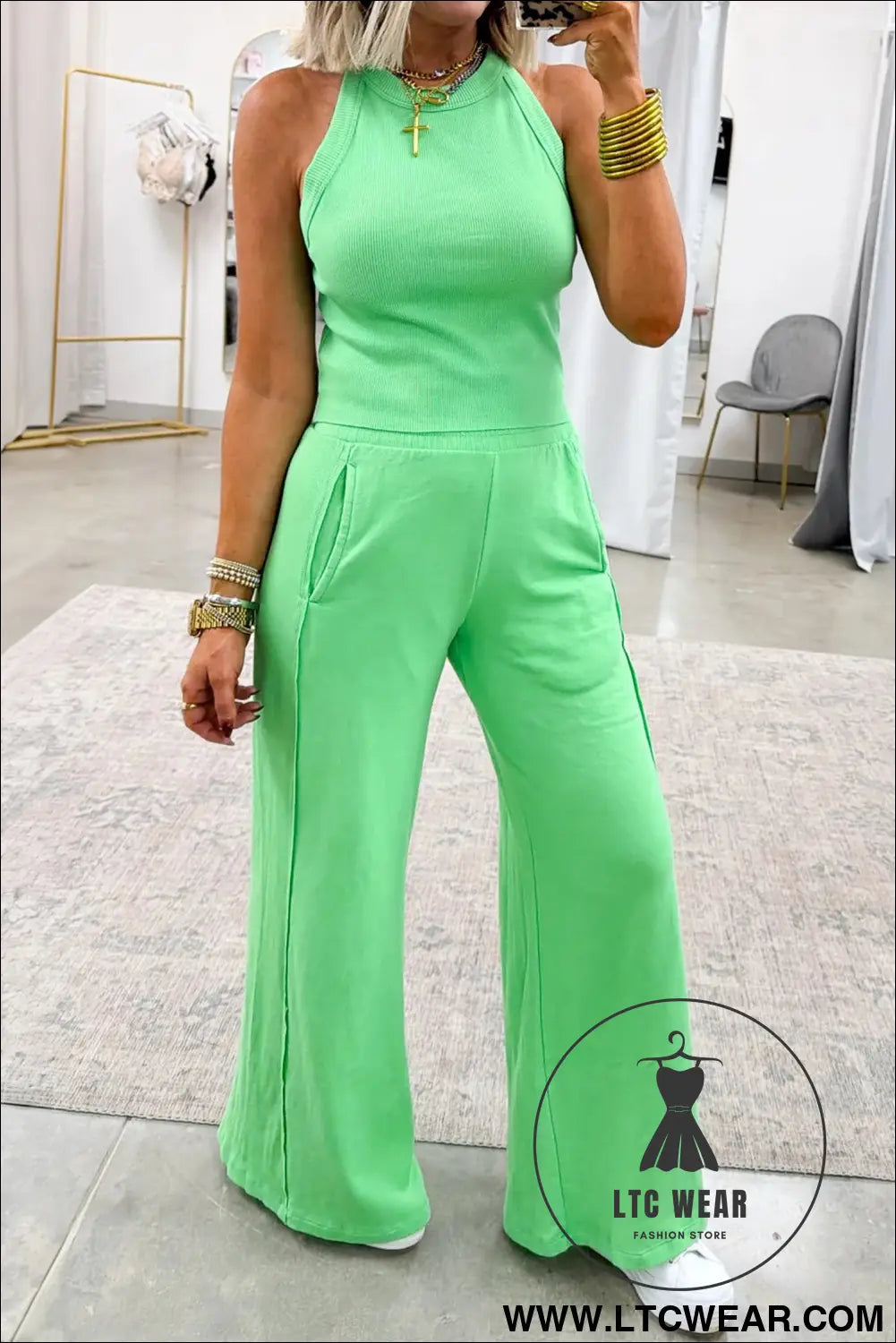 Green slim ribbed tank top and sweatpants set - pant sets