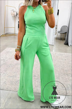 Green slim ribbed tank top and sweatpants set - pant sets