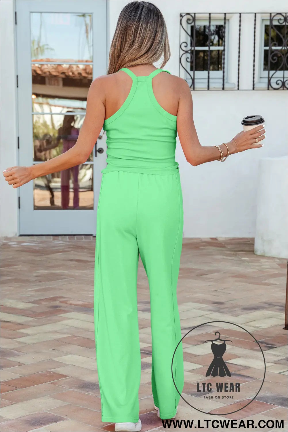 Green slim ribbed tank top and sweatpants set - pant sets