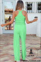 Green slim ribbed tank top and sweatpants set - pant sets