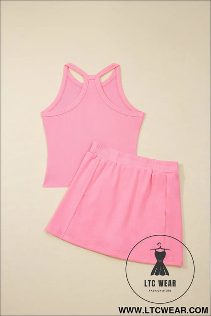 Green Slim Tank Top Elastic Waist Mini Skort 2pcs Outfit - L.T.C Wear Online Fashion Store