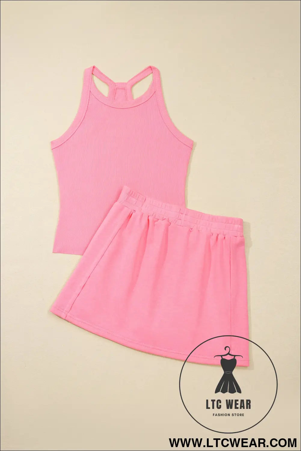 Green Slim Tank Top Elastic Waist Mini Skort 2pcs Outfit - L.T.C Wear Online Fashion Store