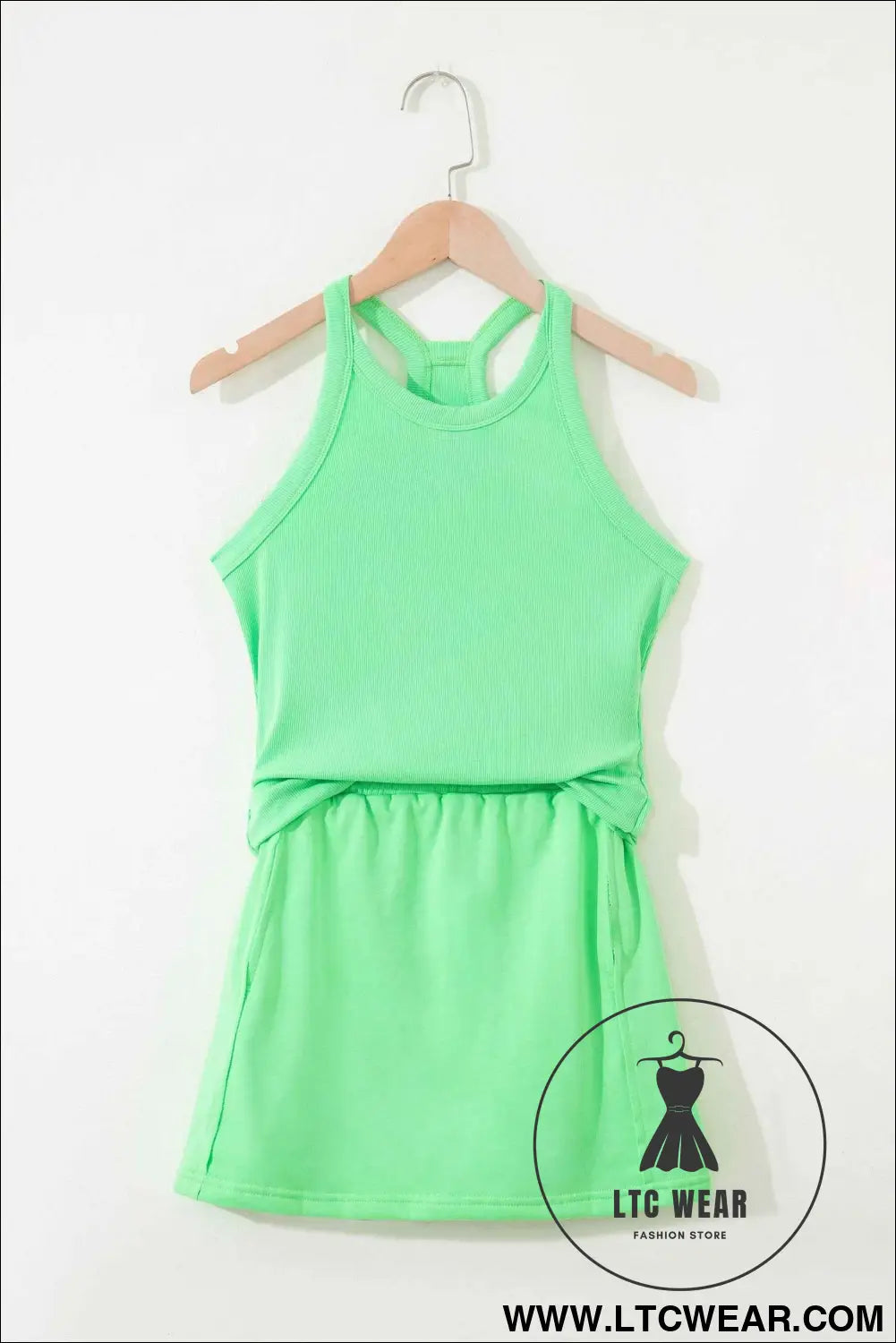 Green Slim Tank Top Elastic Waist Mini Skort 2pcs Outfit