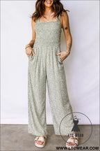 Green smocked bodice square neck sleeveless floral jumpsuit - jumpsuits & rompers