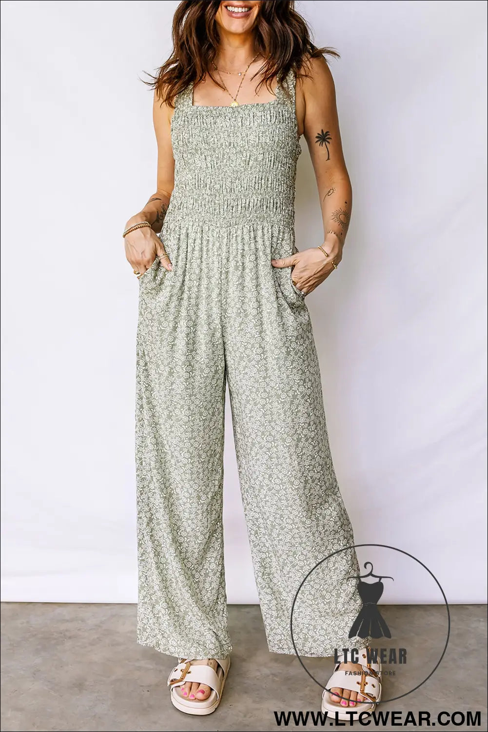 Green smocked bodice square neck sleeveless floral jumpsuit - jumpsuits & rompers