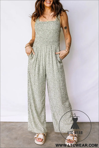 Green smocked bodice square neck sleeveless floral jumpsuit - jumpsuits & rompers