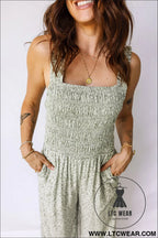 Green smocked bodice square neck sleeveless floral jumpsuit - jumpsuits & rompers