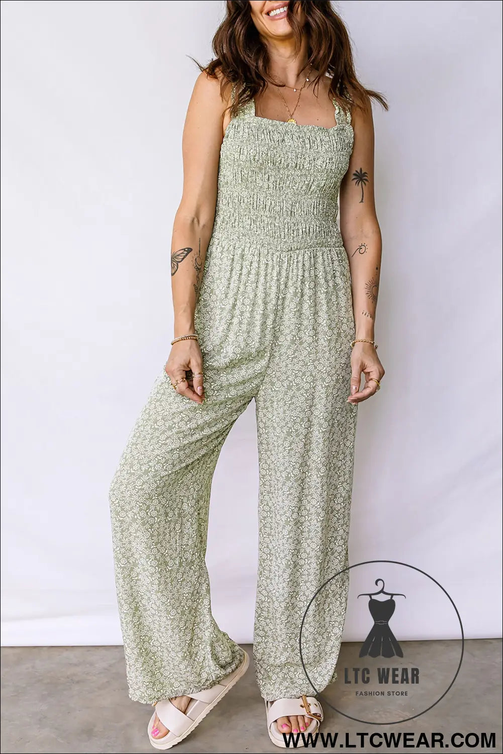 Green smocked bodice square neck sleeveless floral jumpsuit - jumpsuits & rompers