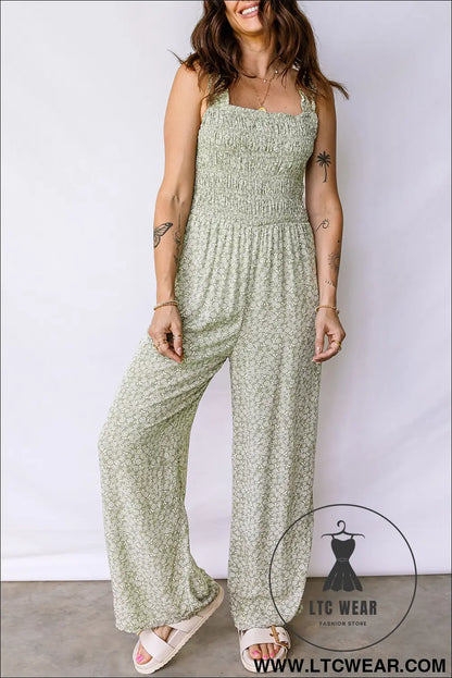 Green smocked bodice square neck sleeveless floral jumpsuit - jumpsuits & rompers