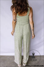 Green smocked bodice square neck sleeveless floral jumpsuit - jumpsuits & rompers