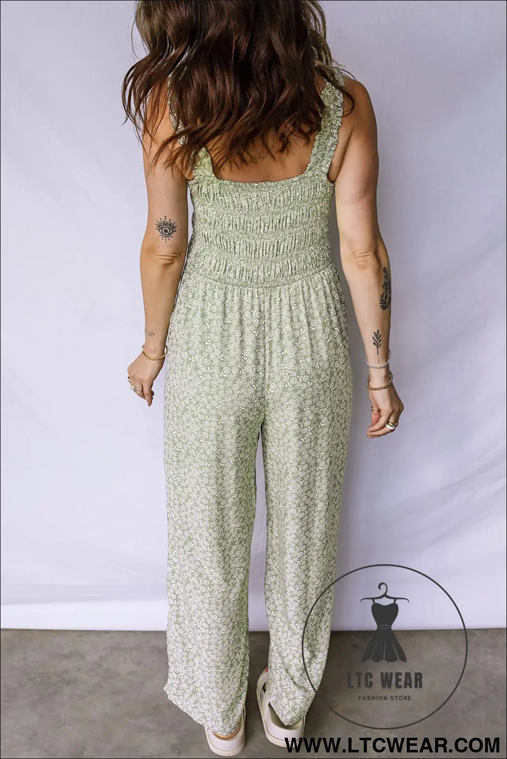 Green smocked bodice square neck sleeveless floral jumpsuit - jumpsuits & rompers