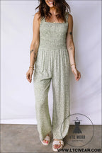 Green smocked bodice square neck sleeveless floral jumpsuit - jumpsuits & rompers