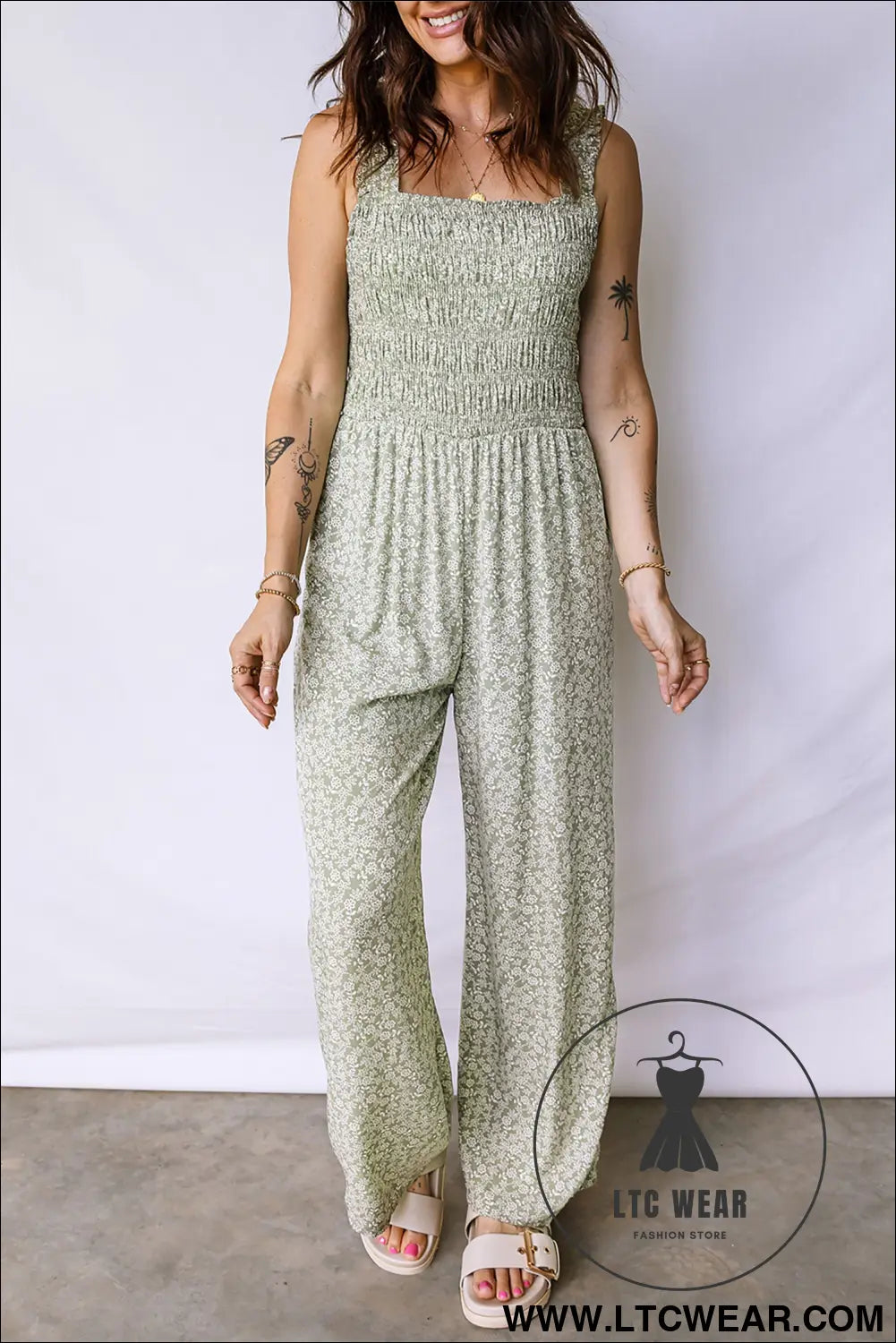 Green smocked bodice square neck sleeveless floral jumpsuit - jumpsuits & rompers