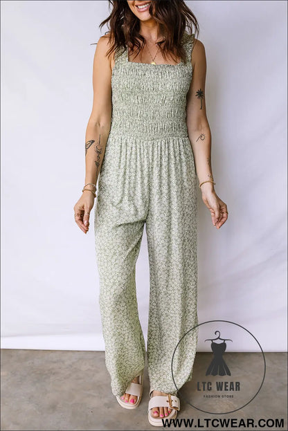 Green smocked bodice square neck sleeveless floral jumpsuit - jumpsuits & rompers