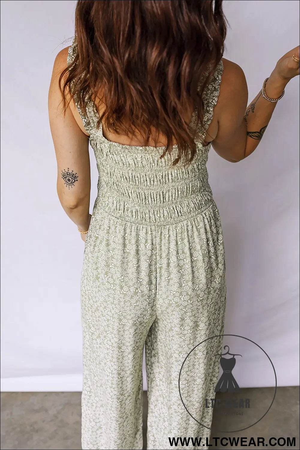 Green smocked bodice square neck sleeveless floral jumpsuit - jumpsuits & rompers